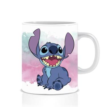 Imagem de Caneca Porcelana Alça Colorida Stitch Feliz 325ml Resistente - Impacta