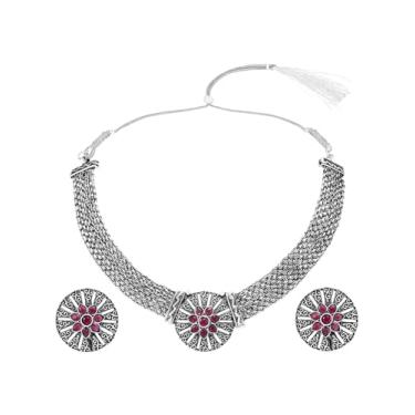 Imagem de Aheli Brincos de gargantilha cravejados de pedra sintética rosa rosa banhado a prata conjunto de joias étnicas presente para mulheres, Onesize, Cobre, Pedra sintética