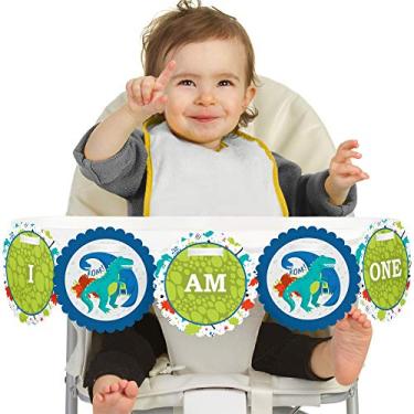 Imagem de Big Dot of Happiness Roar Dinosaur Decoração de cadeira alta de 1º aniversário - I Am One - Banner para cadeira alta de primeiro aniversário