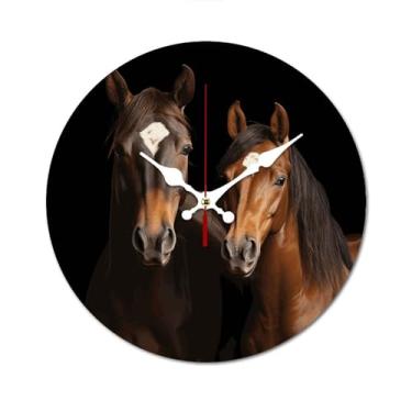 Imagem de Relógio de parede decorativo moderno de madeira com dois cavalos em pé sobre fundo preto relógio de parede redondo relógios de parede sem moldura relógio sem escala para casa, quarto, escritório, sala