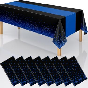 Imagem de Toalhas de mesa de plástico descartáveis 2 em 1, 137 x 274 cm, toalha de mesa retangular com pontos pretos e azuis para casamento, aniversário, chá de bebê, Natal, formatura (preto/azul, pacote com 8)
