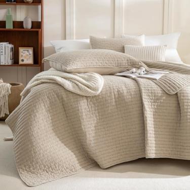 Imagem de Sanracie Jogo de cama King de algodão lavado com pedra (279 x 248 cm), conjunto de cama com estampa de ponto cruz colorido trigo, 3 peças, extra macio, respirável, enrugado, acolchoado para todas as