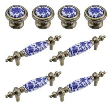 Imagem de T Tulead Puxadores de gaveta de cerâmica 3,8 cm x 3,5 cm, puxador de armário puxa centros de orifícios de 7,6 cm, conjuntos de puxadores de porcelana azul e branca, base de liga de zinco, 4 conjuntos
