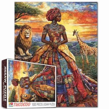 Imagem de Quebra-cabeças de meninas negras América África, 1000 peças para adultos, famílias (rainha, princesa, vida selvagem, leão, girafas, savana) peças se encaixam perfeitamente 40 x 70 cm arte de