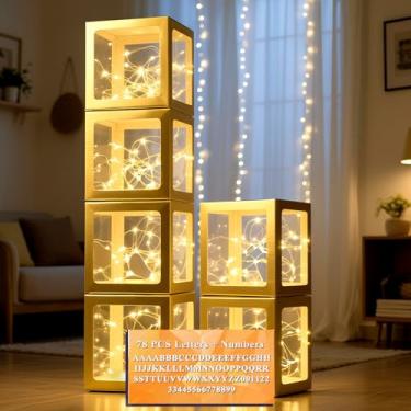 Imagem de Ledido Caixas de balão transparentes, caixas de balão transparentes com 6 peças de luzes de corda e 78 letras para chá de bebê, festa de aniversário, casamento, decoração de graduação - 6 caixas