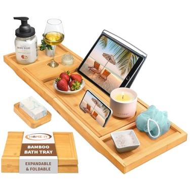 Imagem de Home It Bandeja de banheira dobrável premium – Bandeja de banho à prova d'água de bambu e suporte de banho – Suporte de madeira para vinho, livro, sabonete, telefone, presente de luxo para homens e