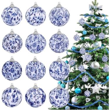 Imagem de 24 peças de enfeites de bola azul e branca de Natal, 6 cm, enfeites de pendurar em árvore de Natal chinoiserie para decoração de Natal embrulhada em tecido para árvores, festa de Natal, casa, feriado