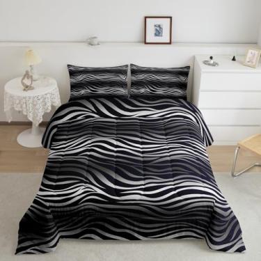 Imagem de Manfei Jogo de cama solteiro com listras de zebra, estampa de pele de safári, decoração de quarto de adolescentes, preto e cinza, enchimento interno com 1 fronha