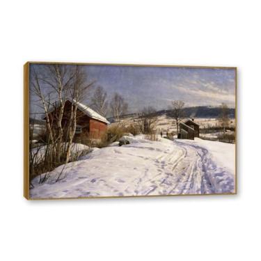 Imagem de Moldura externa de teca. Famosas pinturas a óleo (paisagem 06) por Peder Mork Monsted, reprodução impressa em tela, arte de cenário para decoração de sala de estar. 70 x 105 cm - 27,6 x 41,4 pol