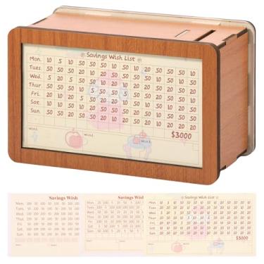 Imagem de Caixa de Desafio de Madeira Premium DIY Cofre de Dinheiro Cofre para Adultos e Crianças, Objetivos de Poupança de Cofrinho Familiar com 3 Cartões de Desejos, Cultivar Hábitos de Gestão Financeira