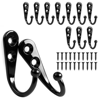 Imagem de 10 ganchos pretos montados na parede, gancho de metal resistente com 20 parafusos, ganchos para pendurar chapéu, toalha, chave, xícara de café, casacos, cachecol, bolsa e coleiras de cachorro, fácil