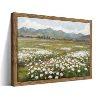 Imagem de Arte de parede de paisagem de fazenda emoldurada, decoração de parede de flores country modernas, tela vintage de montanha de flores silvestres, impressão de imagens de natureza de casa de fazenda