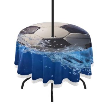 Imagem de Wassud Round Outdoor Tablecloth with Umbrella Hole Soccer Ball in Water Splash 60 Inch Waterproof Patio Table Cover for Birthday Parties Farmhouse Kitchen Decor