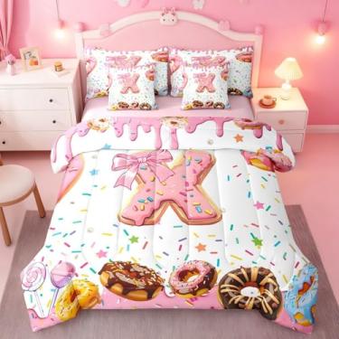 Imagem de Erosebridal Conjunto de edredom infantil com laço rosa, tamanho king, monograma, letra inicial, 7 peças, colorido, rosquinha branca, doce, decoração de quarto