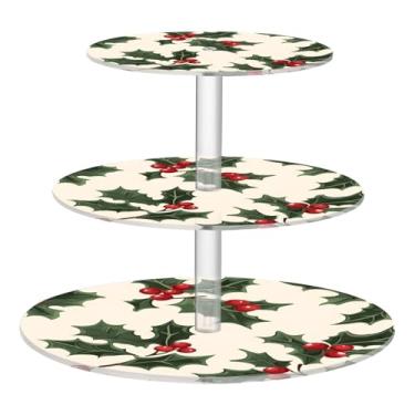 Imagem de CEBUGI Suporte de cupcake de 3 camadas, folhas de azevinho e frutas vermelhas, suporte redondo para bolo, bandeja de servir em camadas de acrílico para chá, chá de bebê, casamento e mais