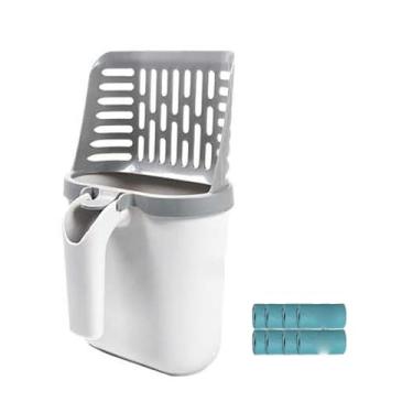 Imagem de Naroote Colher de Areia para Gatos Com Suporte Caixa à Prova de Derramamento Design 2 Em 1 Pá de Areia Integrada de Fácil Limpeza Com Alça Confortável Lata Lixo (com defletor e sacos de lixo de 8