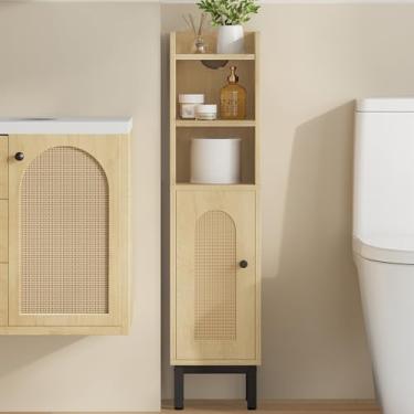 Imagem de Hzuaneri Armário de armazenamento de banheiro pequeno, armário de banheiro estreito com prateleiras e pés ajustáveis, armários de armazenamento de papel higiênico finos de vime com porta, para sala de