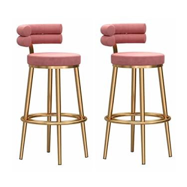 Imagem de Conjunto de 2 banquetas de veludo com altura para balcão de cozinha, costas nuas, com apoio para os pés dourado, cadeira de jantar estofada elegante e elegante, rosa - #2