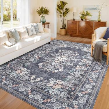 Imagem de GarveeHome Tapete vintage 12 x 18 cm para sala de jantar, tapetes botânicos com detalhes boêmios, laváveis na máquina, com bordas de flores, tapetes antiderrapantes de pelo baixo, tapetes florais