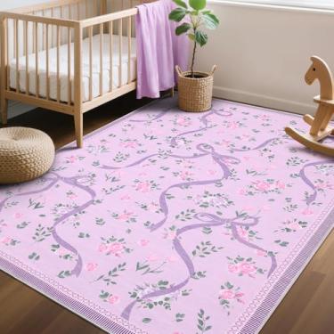Imagem de GarveeHome Coquette Tapetes roxos para quarto de meninas, 10 x 15 cm para sala de estar com pelo baixo macio, tapete de área lavável com laço floral para berçário, dormitório infantil, sala de jogos