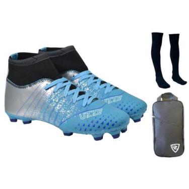 Imagem de Chuteira Campo Adulto Botinha Travas Gramado + Meião + Bolsa Mochila E