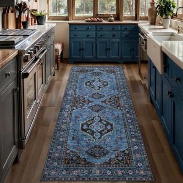 Imagem de Tangsoo Tapete de corredor lavável azul 5 x 12 cm para corredores, tapetes de corredor orientais antiderrapantes, tapete longo macio de pilha baixa, corredores de carpete vintage para cozinha, quarto