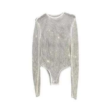 Imagem de Macacão Sexy Feminino Com Strass E Malha Transparente, Decote Redondo,