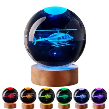 Imagem de LMLOBEP Luz noturna grande com bola de cristal de helicóptero com base arborizada, lâmpada de cristal de avião 3D, mudança de cor com controle remoto, lâmpada de esfera de vidro gravada a laser