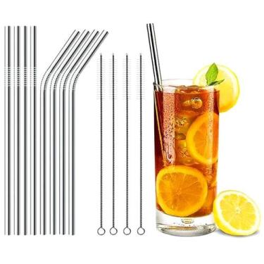 Imagem de Kit 8 Canudos Reutilizável Aço Inox Reto E Curvo + 4 Escovas - KEHOME,