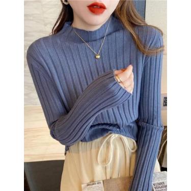 Imagem de Suéter Feminino De Tricô Canelado Gola Alta Manga Longa Slim Fit Básic