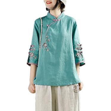 Imagem de Yajun Camisetas bordadas estilo chinês casual solto retrô blusa de algodão top feminino primavera gola botão manga curta, verde, M (busto: 100cm)