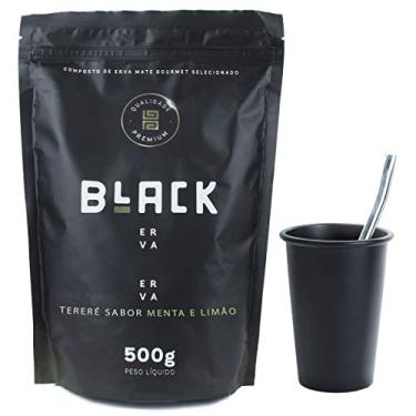 Imagem de KIT COPO DE TERERÉ PRETO + BOMBA DE TERERÉ INOX + BLACK ERVA MATE 500G (Menta e Limão)