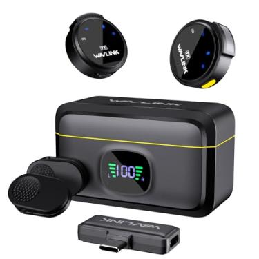 Imagem de WAVLINK Microfone de lapela sem fio para iPhone 15 Android Vlog, sistema de microfone duplo de lapela com clipe e entrada USB-C e capa de bateria para YouTube Facebook Live, gravação de vídeo (2 TX+1