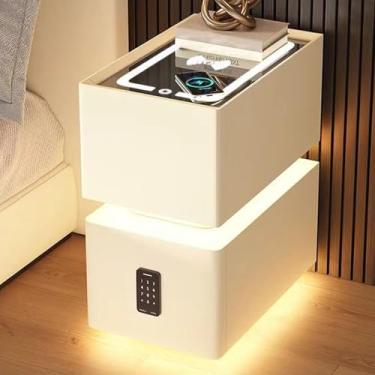 Imagem de Mesa de cabeceira inteligente com carregamento sem fio, fechadura com senha, luz LED, mesa de cabeceira simples e moderna com alto-falante embutido, mesa de cabeceira estreita e pequena