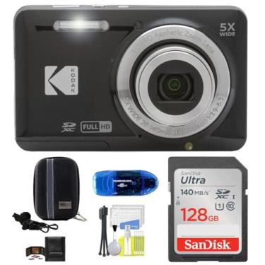 Imagem de Kodak Câmera digital Pixpro FZ55 (preto) pacote, inclui: cartão de memória SanDisk de 128 GB, capa rígida para câmera, leitor de cartão SD e mais (6 itens)