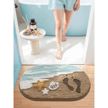 Imagem de Tapete de banheiro de praia antiderrapante absorvente, decoração temática do mar do oceano, pelúcia macia, lavável à máquina, tapete de banheiro costeiro para decoração de quarto de crianças (40 x 80