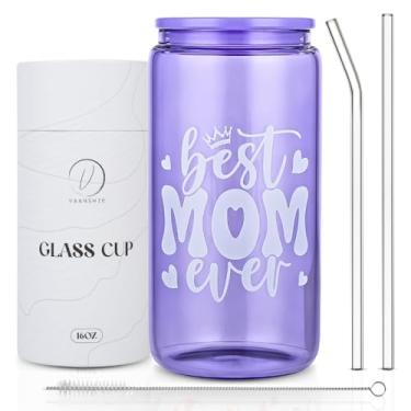 Imagem de vaanshie Presentes para New Mom BestMom Ever xícara de café com canudo [roxo] vidro de 473 ml com tampa, presente de futura mamãe, presente de dia das mães, caneca de café gelada impressa, copo para