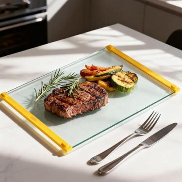 Imagem de LANGBOHOS Tábua de corte grande de vidro temperado para cozinha com alça de silicone antiderrapante e fácil de segurar, pode ser lavada na máquina de lavar louça, fácil de limpar para preparação de