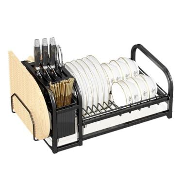 Imagem de Escorredor de pratos compacto para balcão de cozinha, escorredor de pratos pequeno com suporte de talheres, escorredor de pratos de cozinha à prova de ferrugem de aço inoxidável com dreno