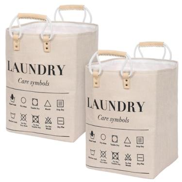 Imagem de Bolsa de mão dobrável portátil de linho, cesto de roupa suja com alças, cesto de roupa suja de grande capacidade para quarto, armário, banheiro, faculdade, dormitório (bege)