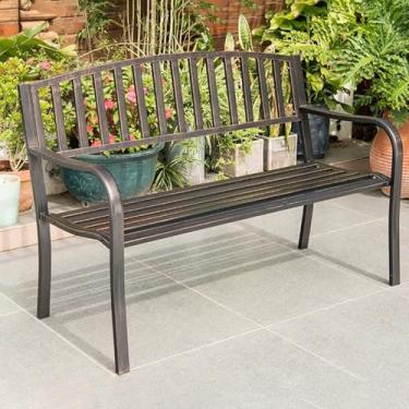 Imagem de Cadeiras de sofá de metal fundido com apoios de braço, banco de jardim externo para 2-3 adultos, banco externo à prova de intempéries para varanda, quintal, gramado, deck (marrom)