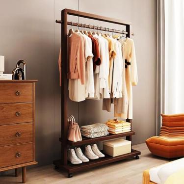 Imagem de Arara de roupas, rack de madeira maciça para pendurar roupas, rack de roupas portátil com prateleiras e rodas, suporte duplo independente para entrada e quarto, marrom, 65 cm