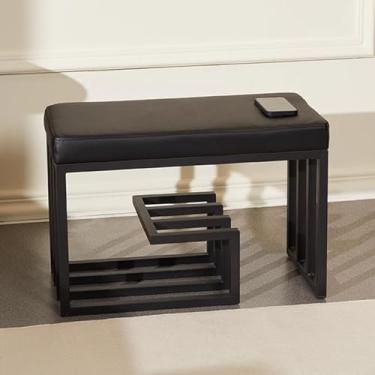 Imagem de Banco estofado de armazenamento de sapatos com assento de couro PU, elegante organizador de sapateira para solução de armazenamento de entrada, corredor e porta da frente