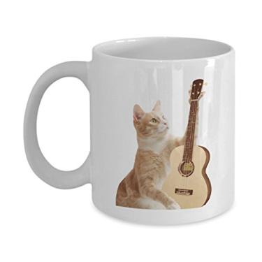 Imagem de Caneca engraçada de gato tocando ukulele - Caneca de café de cacau quente divertido - ideia de de Natal