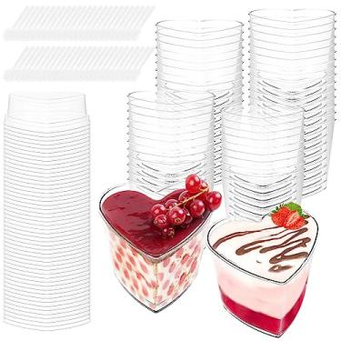 Imagem de 50 peças de copos de sobremesa com tampas, colheres de 170 g/180 ml, mini potes de sobremesa reutilizáveis de plástico transparente para aperitivos de plástico transparente copos quadrados de sobremesa para sobremesa pudim, mousse, iogurte, lanches, buffet de festa