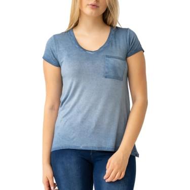 Imagem de Cable & Gauge Vestuário feminino gola V pigmento tingido e lavagem a óleo bolso camiseta com bainha Hi-Low, Jeans azul, P