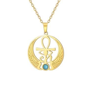 Imagem de EUEAVAN Colar Ankh Cruz Olho de Hórus Pedra Preciosa Chave da Vida Pingente Escaravelho Deusa Egípcia Isis Colar Antigo Amuleto de Proteção Egípcia Joias Religiosas para Mulheres e Homens, Aço