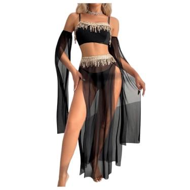 Imagem de SHENHE Women's Belly Dancer Costumes Tassel Crop Top Mesh Slit Maxi Skirt Roleplay Lingerie Set Black X-Large