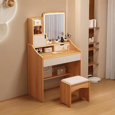 Imagem de Conjunto De Mesa De Vaidade, Mesa De Vaidade Com Espelho & Luz, Mesa De Maquiagem Com Gavetas, 3 Modos De Iluminação Brilho Ajustável, Mesa De Vaidade De Pequenos Espaços, Wood Color, One Size