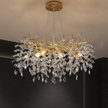 Imagem de Puvaue Lustre De Cristal Com Galhos Árvores, Luxuoso, Redondo, Dourado, Pendente, 10 Luzes Para Sala Jantar, Quarto, Estar, Entrada, 29,5"